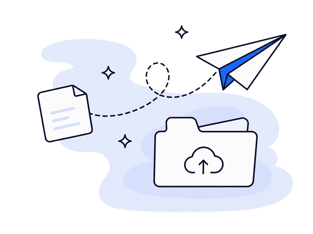 A document and a paper plane flying toward a folder with a cloud-upload icon